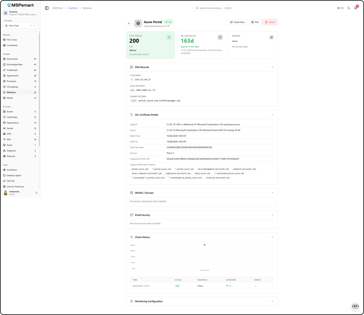Détail du site web - Azure Portal